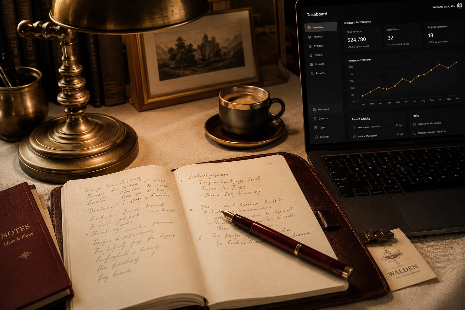 A premium HandL WP workspace: brass desk lamp, leather notebook, burgundy fountain pen, and a laptop displaying a clean client business dashboard