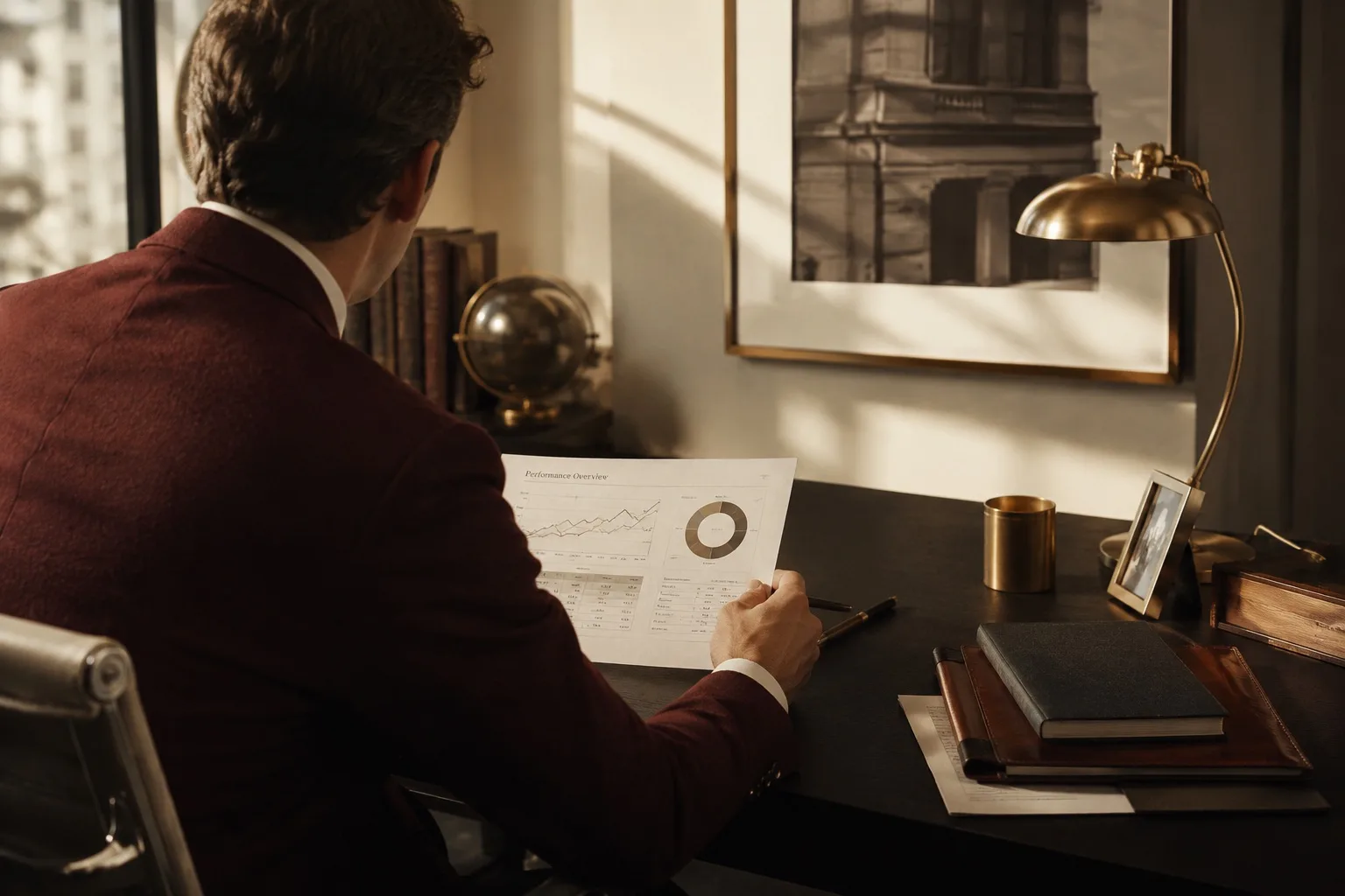 A marketer reviews a printed performance report at a desk
