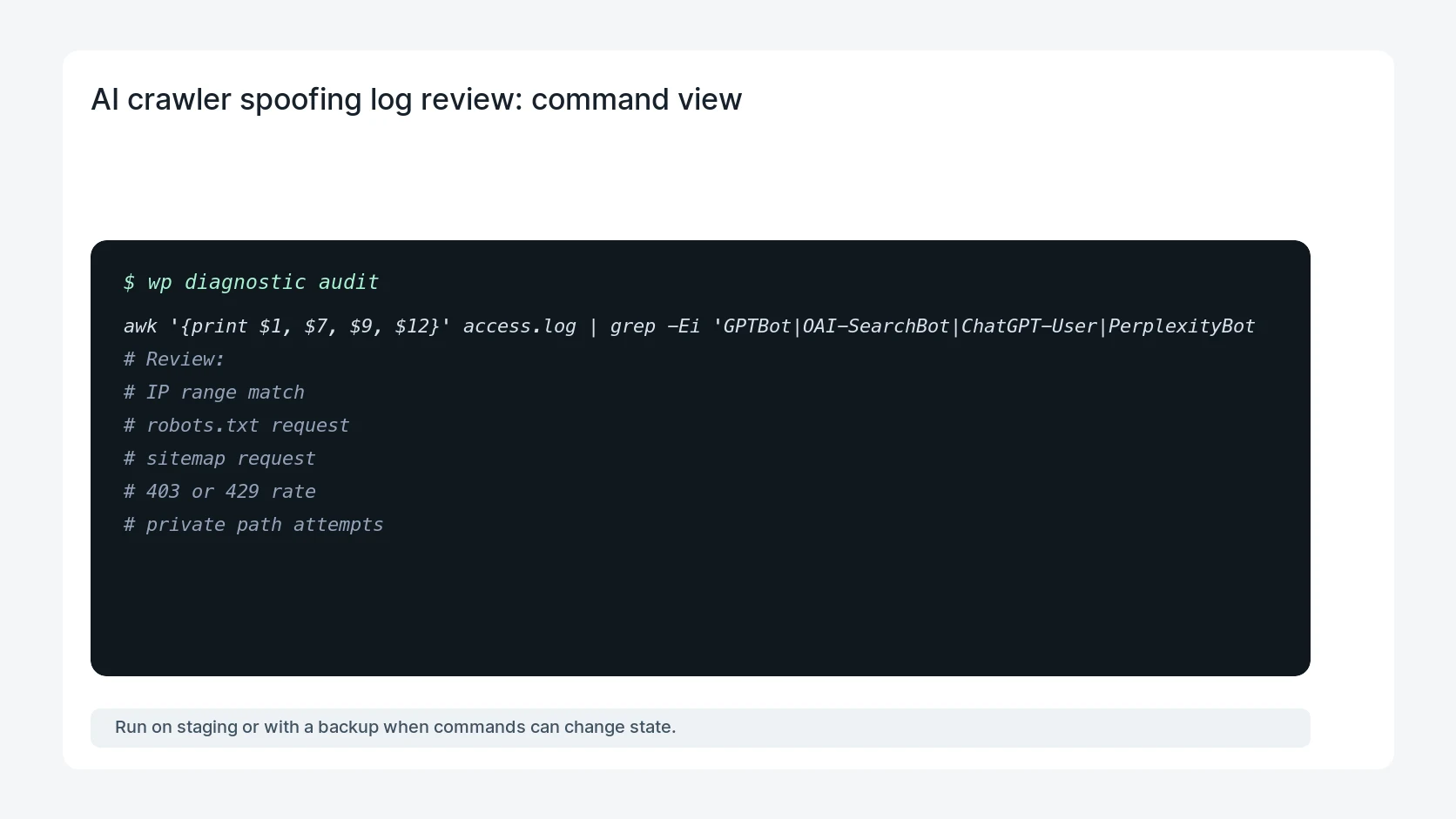 AI crawler spoofing log review for AI Crawler Spoofing Detection in WordPress Access Logs