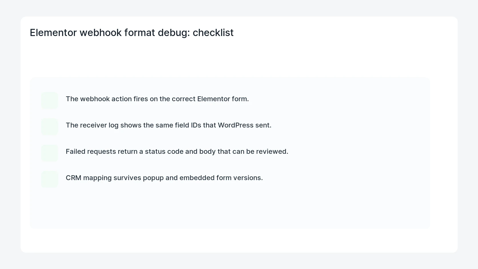 Elementor webhook format debug for Elementor Form Webhook Format Debug Checklist