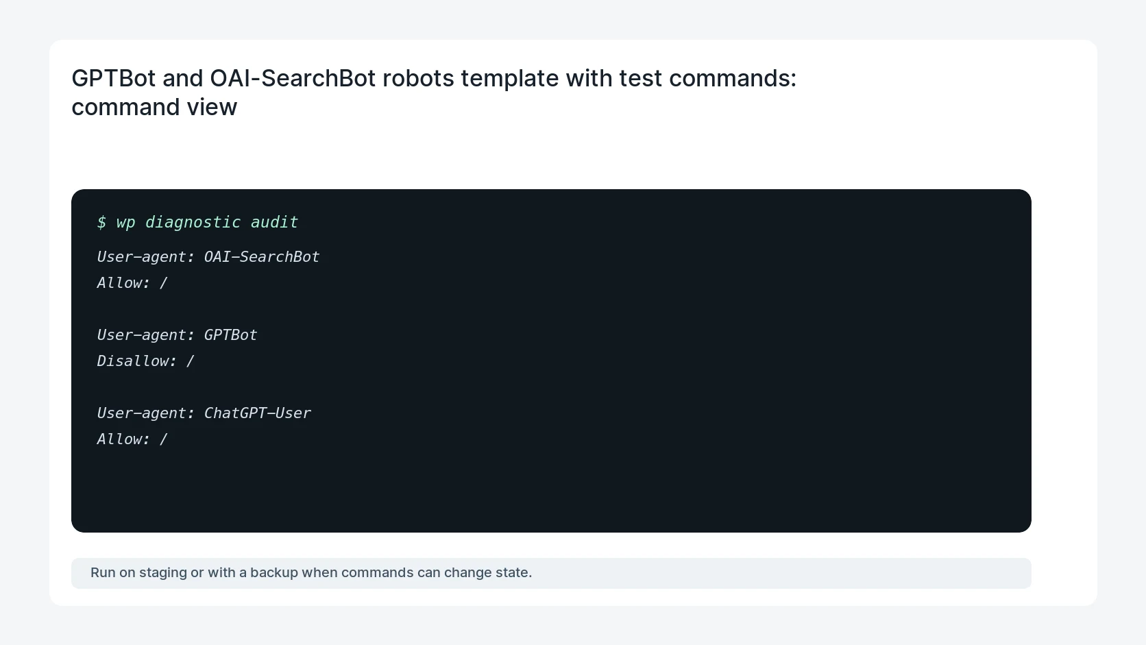 GPTBot and OAI-SearchBot robots template with test commands for GPTBot vs OAI-SearchBot WordPress Robots Template