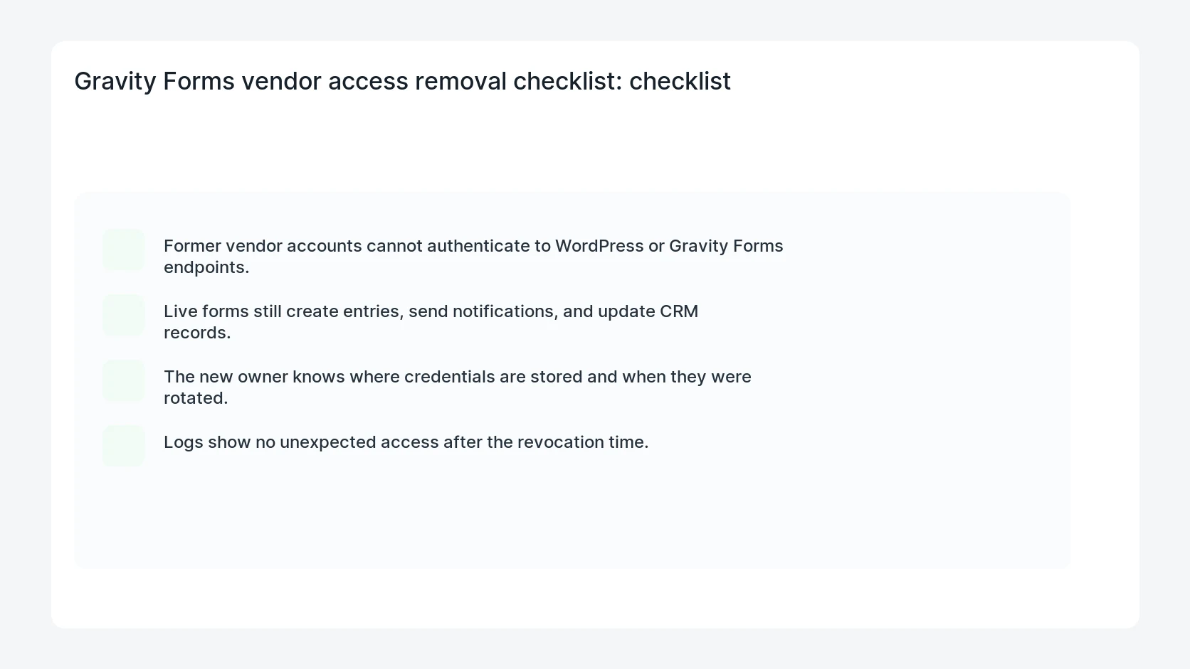 Gravity Forms vendor access removal checklist for Gravity Forms REST API Vendor Offboarding Checklist