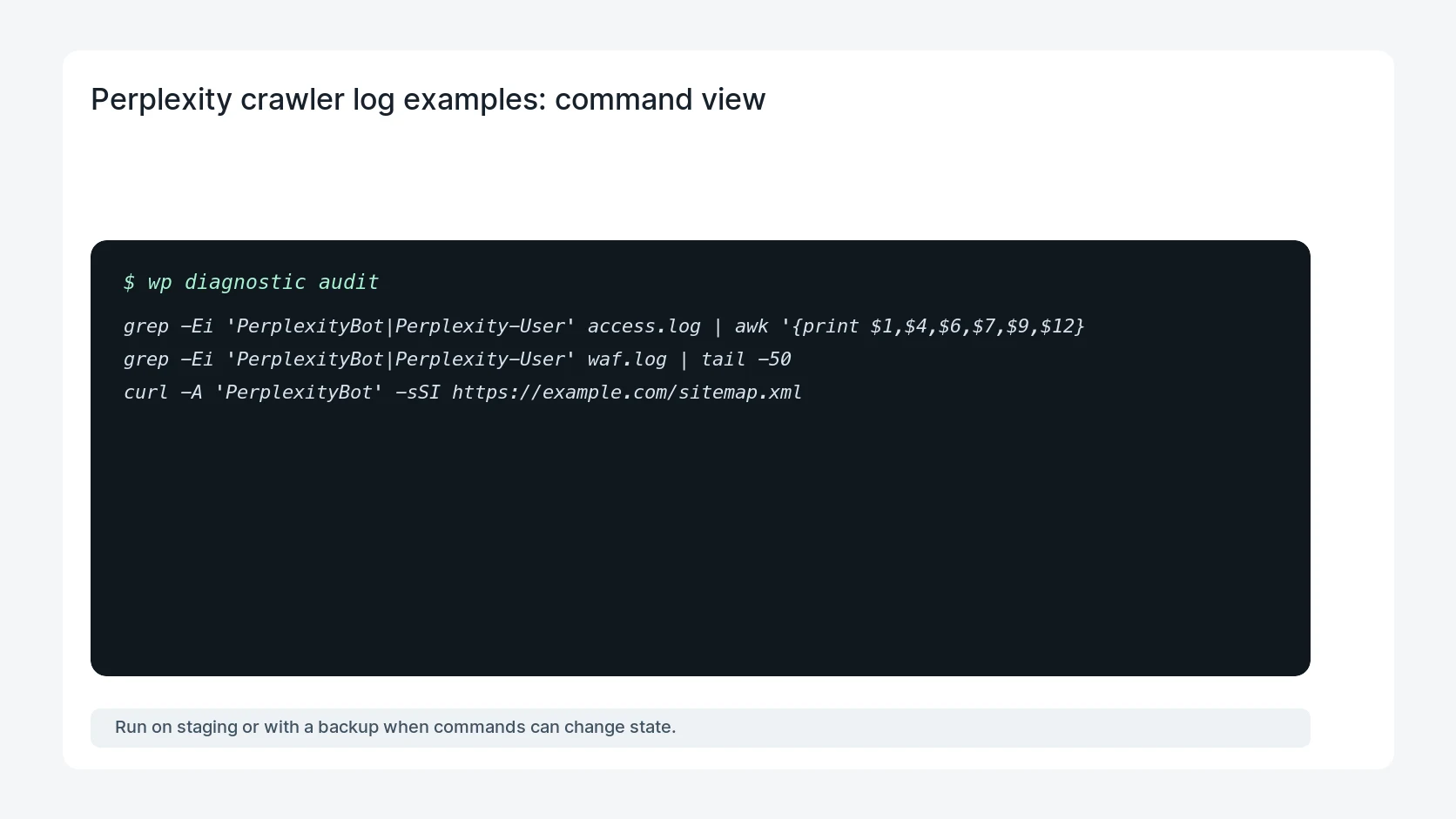 Perplexity crawler log examples for PerplexityBot vs Perplexity-User WordPress Log Examples