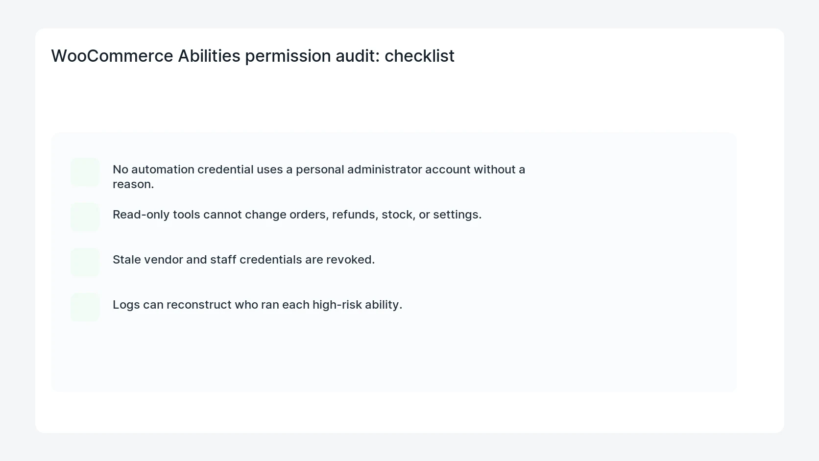 WooCommerce Abilities permission audit for WooCommerce Abilities API Security Permission Checklist
