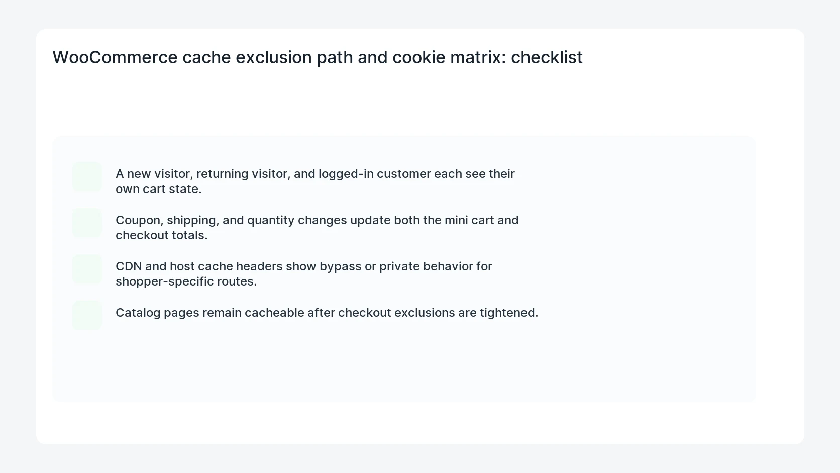 WooCommerce cache exclusion path and cookie matrix for WooCommerce Mini Cart Cache Exclusion Rules for Checkout