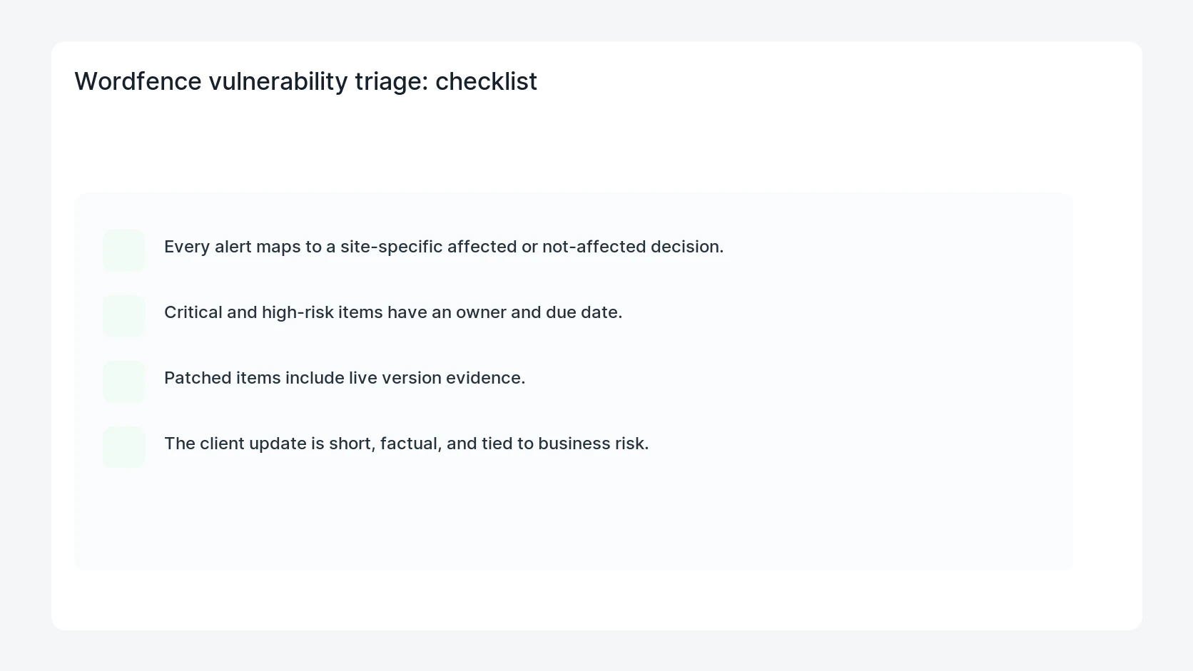 Wordfence vulnerability triage for Wordfence Weekly Vulnerability Report Client Triage Template