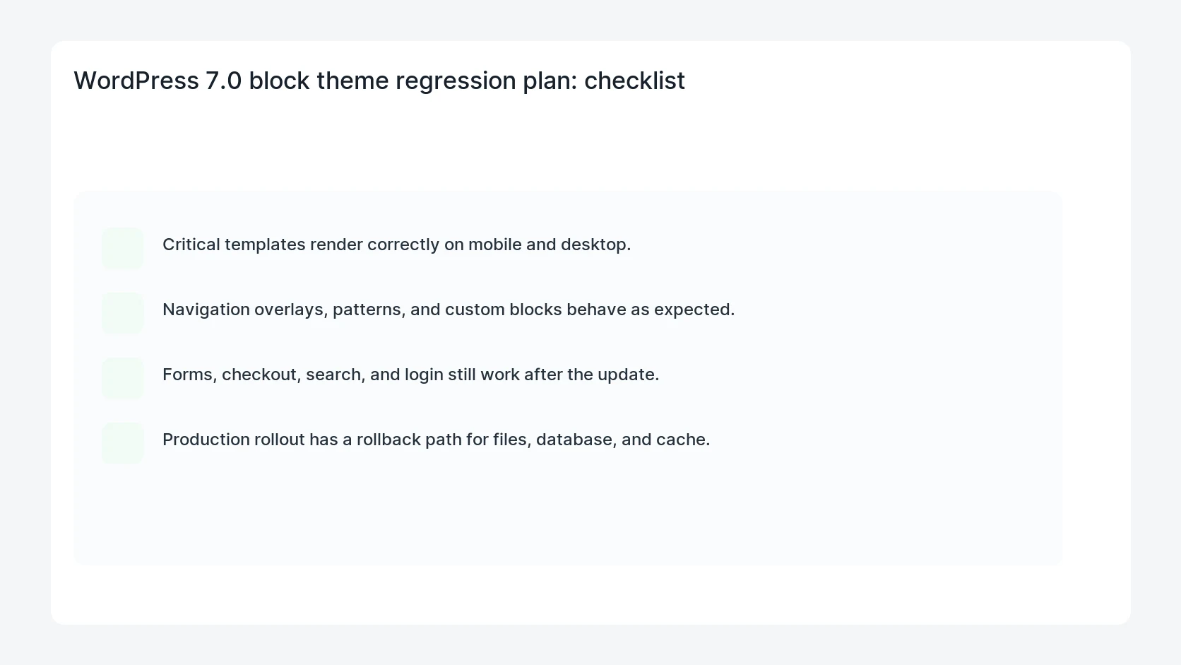 WordPress 7.0 block theme regression plan for WordPress 7.0 Block Theme Regression Checklist