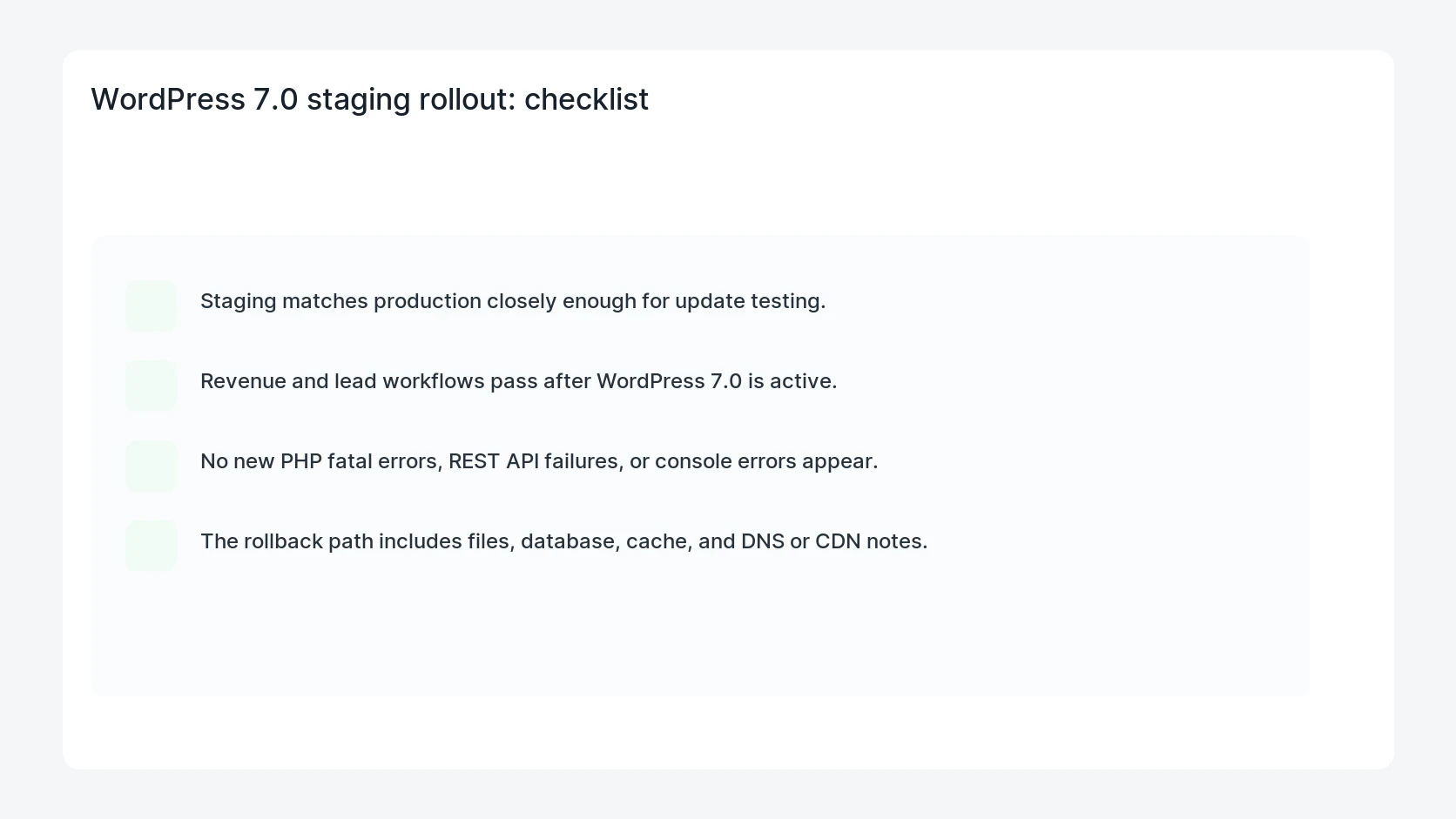 WordPress 7.0 staging rollout for WordPress 7.0 Update Staging Checklist for Business Sites