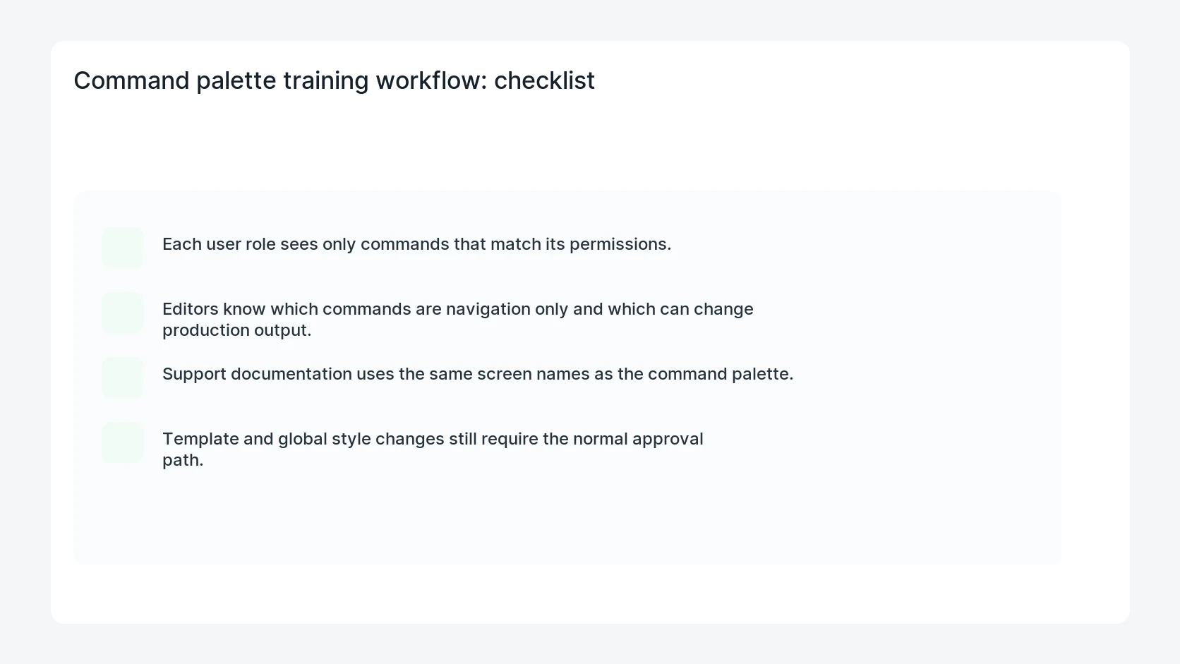Command palette training workflow for WordPress 7.1 Command Palette Admin Training Checklist