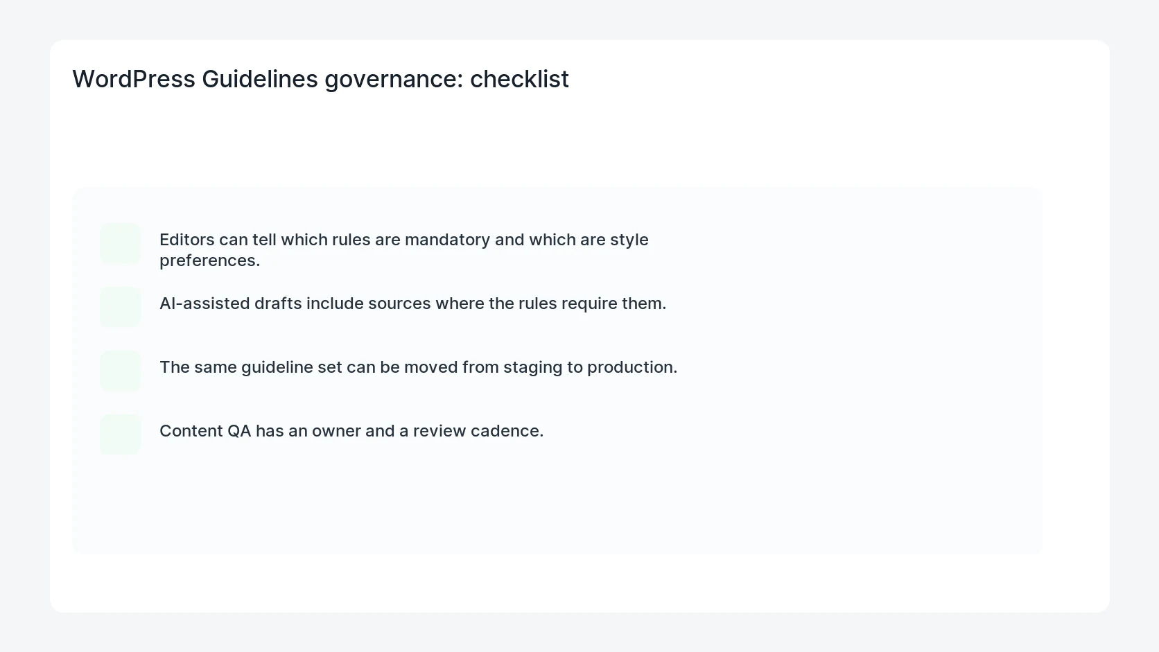 WordPress Guidelines governance for WordPress 7.1 Guidelines Content Governance Checklist
