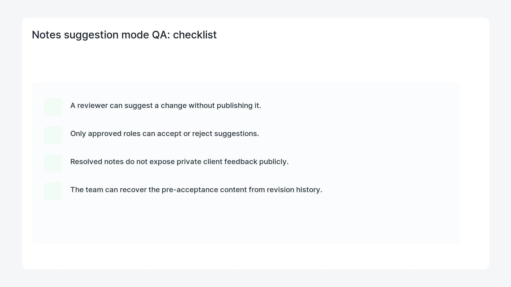 Notes suggestion mode QA for WordPress 7.1 Notes Suggestion Mode QA Checklist