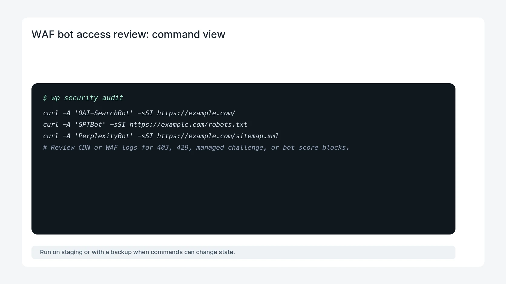 WAF bot access review for WordPress WAF Rules for AI Search Bots