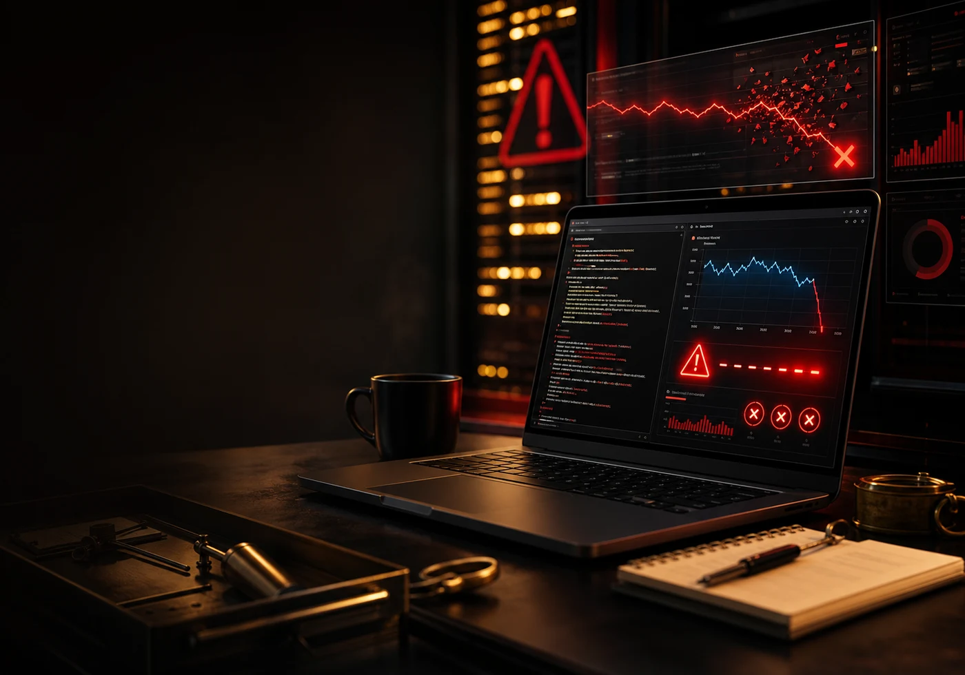 Cinematic WordPress tracking diagnostic desk with server logs, warning signals, and a broken conversion graph.