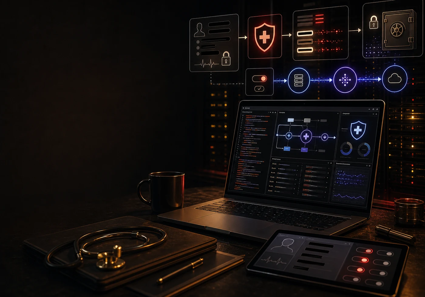 HIPAA-compliant tracking dashboard showing server-side ad tracking, PHI stripping, consent gating, and visitor-source signal checks.