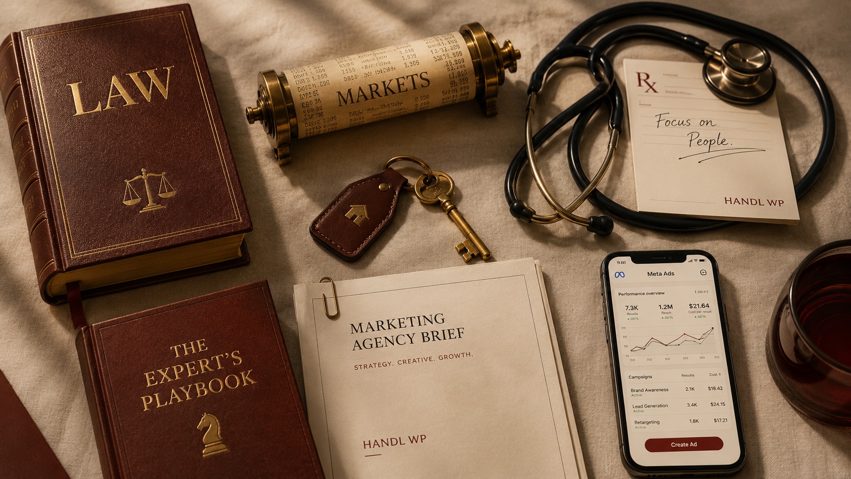 Editorial flatlay of seven artifacts representing HandL WP's client verticals: a law book, brass MARKETS stock-ticker, doctor's stethoscope with prescription pad, brass house key, The Expert's Playbook hardcover, HandL WP marketing agency brief, and a smartphone showing a Meta Ads dashboard